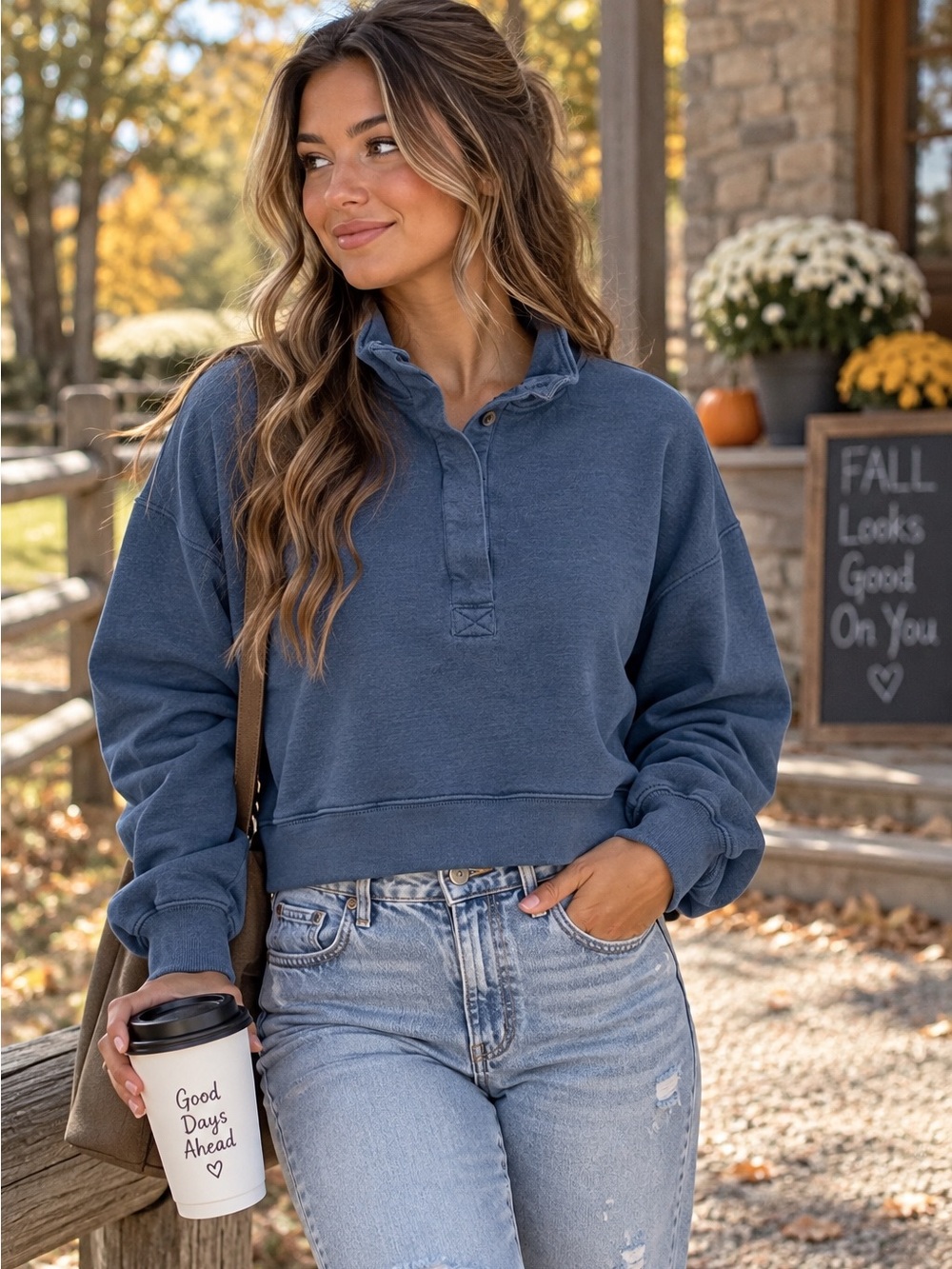 American Eagle Women’s M/M Blue Cropped Pullover Sweatshirt Mock Neck